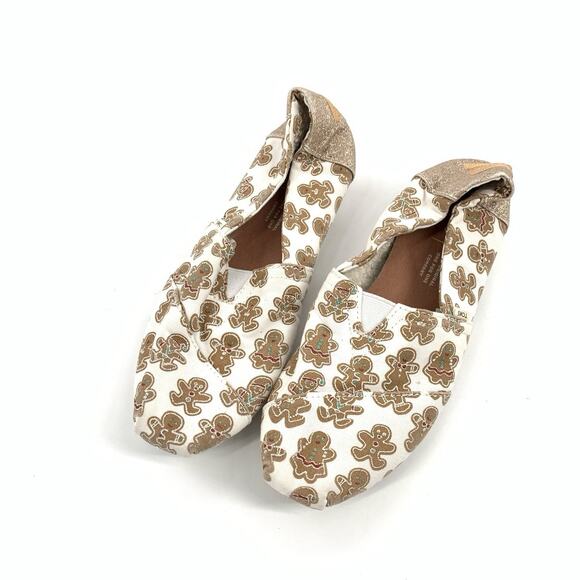 Toms Gingerbread Print Slip On Canvas Loafers Size 6 Womens White Gold Christmas - Picture 2 of 8